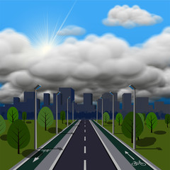 Thunderstorm is coming vector illustration. Straight empty road through the countryside with bike lane.