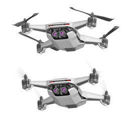 Copter with a white body and a stereo video camera. Set of 3d illustrations isolated on white.