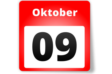 09 Oktober Datum Kalender auf weißem Hintergrund
