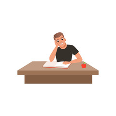 Young man sitting at the desk and reading book, student in learning process vector Illustration on a white background