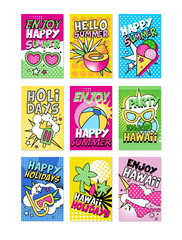 Summer poster set, Hello summer, Enjoy party, Happy holidays can be used for invitation, card, banner, brochure, flyer vector Illustration in pop art retro comic style