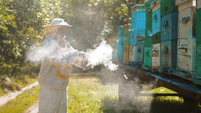 bee-maker beekeeper man working of a smoke pipe beeper smoker device for repelling evil bees. slow motion video apiary lifestyle. beekeeping concept bee agriculture
