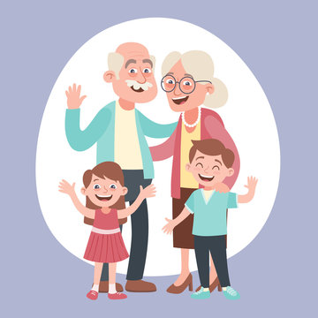 Happy grandparents and two little grandchildren portrait. Happy grandparents day concept. Vector illustration in cartoon style. 