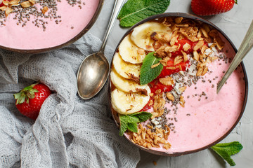 Strawberry and banana smoothie bowls