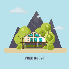 Naklejka premium House on the tree for adults and kids.Flat illustration with mountains.