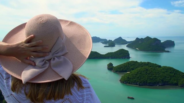 Female Traveler Enjoying View of Tropical Islands at Angthong National Marine Park in Thailand