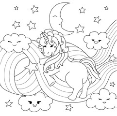 Unicorn playing with rainbow path for design element and coloring book page. Vector illustration