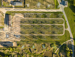 Electrical power station, wires. View from drone. 