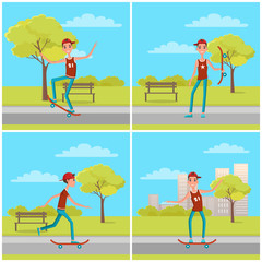 Set of Posters with Skateboarder Background Bench