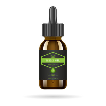 Realistic brown glass bottle with hemp oil. Mock up of cannabis oil extracts in jars. Medical Marijuana logo on the label. Vector illustration.