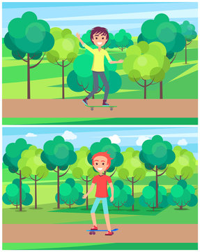 Young Boy on Skate in Green Park with Trees Vector