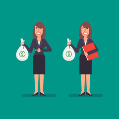 Business woman holds bag money holds folder and smiling