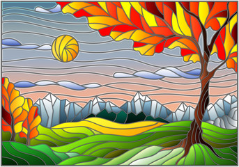 Illustration in stained glass style with autumn landscape,  tree on mountain landscape and Sunny sky background
