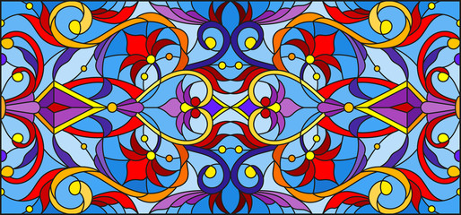 Illustration in stained glass style with abstract  swirls,flowers and leaves  on a blue background,horizontal orientation