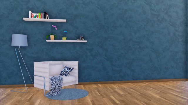 Modern minimalist living room or studio interior with white armchair, lamp and simple shelves on empty dark blue textured stucco wall background and parquet floor. 3D animation rendered in 4K