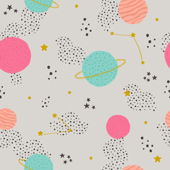 Vector seamless childish pattern with space elements: stars, planets, asteroids. Can be used for kids design, fabric, wallpaper, wrapping, textile, apparel.