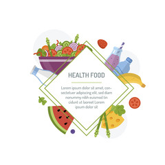 Healthy food banner. Milk, water, salad, cheese, fruit and vegetables. Template for your design with text area. Flat style. Vector illustration concept.