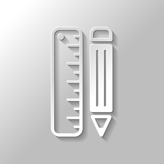 simple symbol of ruler and pencil. Paper style with shadow on gr