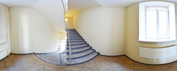 Spherical 360 degrees panorama projection, panorama in interior empty corridor with a flight of...