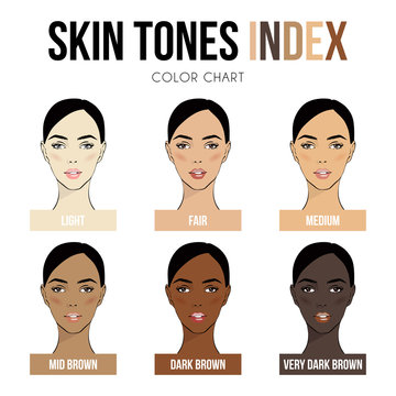 Skin color index infographic in vector. Beautiful woman face with different color skin tones chart. Info-graphic vector types skin. Level of different color skin type.