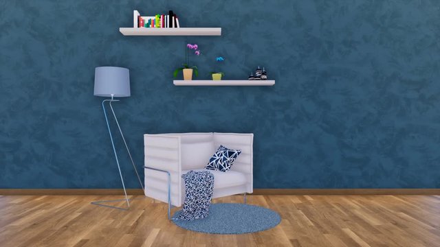 Modern minimalistic living room interior with white armchair or tiny sofa, floor lamp and simple shelves on empty dark blue textured stucco wall with copy space. 3D animation rendered in 4K