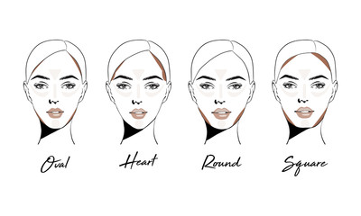 Contouring makeup for different types of woman's face. Vector set of different forms of female face. How to put on perfect make up. Contouring and highlighting for face shapes.