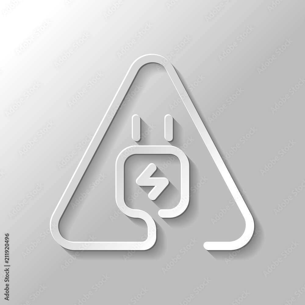 Poster electric power plug in warning triangle. simple linear icon with