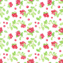 Hand drawn watercolor cowberry seamless pattern