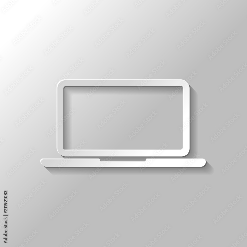 Poster laptop or notebook computer icon. paper style with shadow on gra