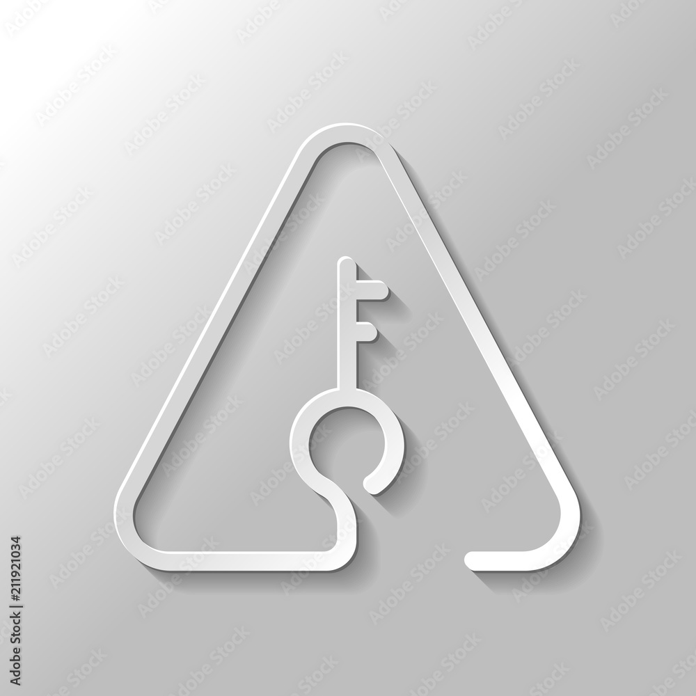 Poster key in warning triangle. linear icon with thin outline. one line