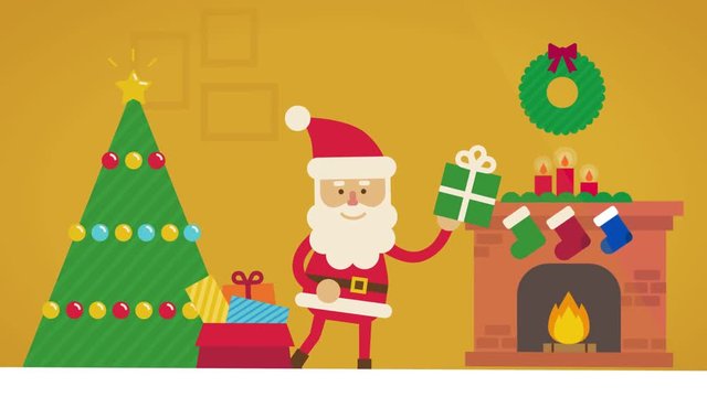 Santa Claus with big sack of gifts near fireplace with xmas stockings. Christmas mood in small village. Holidays animation in flat style for greeting e card, web banner