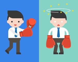 Cute Businessman or manager with boxing gloves, starting fight and dizzy, ready to use character, flat design