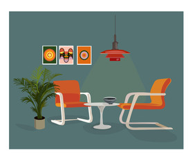 vector interior design illustration. home house decor decoration. furniture living room lounge. sofa armchair table coffee lamp cushion plant vase. modern contemporary designer trendy style. trend. 