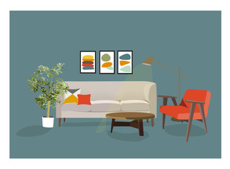 vector interior design illustration. home house decor decoration. furniture living room lounge. sofa armchair table coffee lamp cushion plant vase. modern contemporary designer trendy style. trend. 