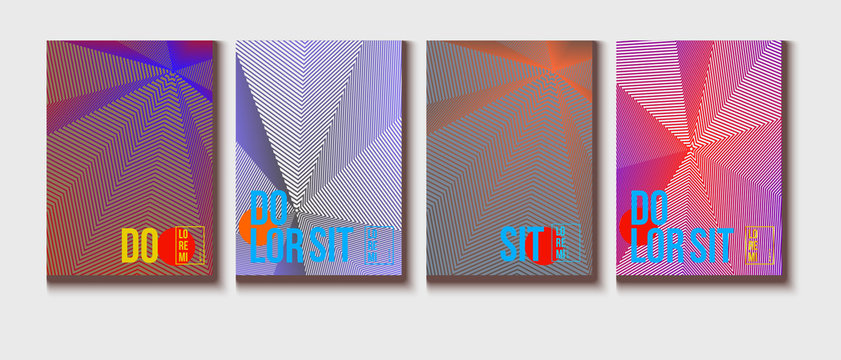 Neon Halftone Covers Set. Trendy Blend Lines Corporate Identity. Futuristic Posters, Geometric Business Backgrounds. Halftone Minimal Presentation Covers. Neon Colored Iridescent Print Design.
