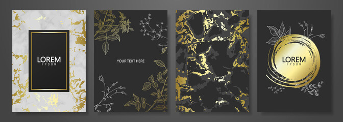 Luxury cards collection with marble golden texture and hand-drawn plants.Vector trendy background. Modern set of abstract card, template,posters,invitational