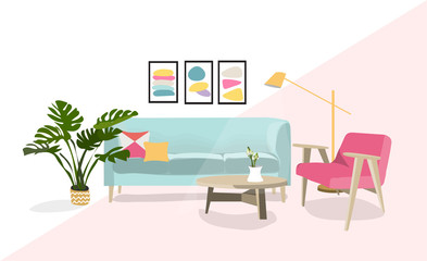 vector interior design illustration. home house decor decoration. furniture living room lounge. sofa armchair table coffee lamp cushion plant vase. modern contemporary designer trendy style. trend. 