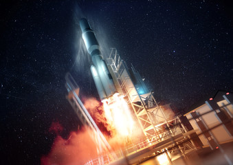 A large commercial rocket being launched into space at night. 3D illustration.