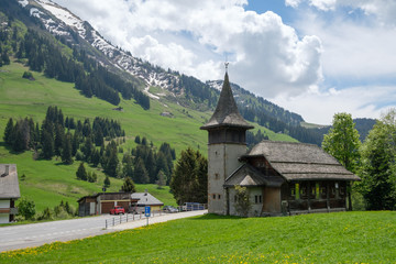 Fototapeta na wymiar Church in the resort of Les Mosses, Vaud, Switzerland