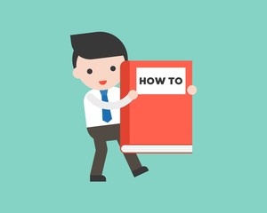Cute Businessman or manager carrying how to big book, ready to use character, flat design