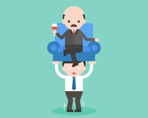 Businessman hard work to lift his boss on sofa chair, business situation concept flat design