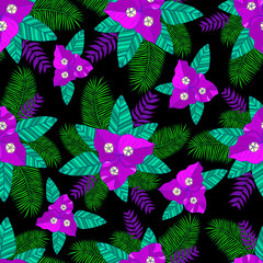 Fototapeta premium Tropical leaf palms, flower bougainvillea seamless pattern bac