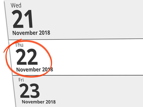 Date Thursday 22 November 2018 circled in red on a calendar