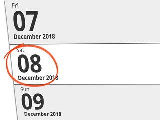 Date Saturday 08 December 2018 circled in red on a calendar