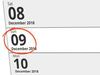Date Sunday 09 December 2018 circled in red on a calendar