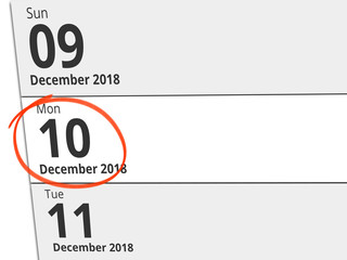 Date Monday 10 December 2018 circled in red on a calendar