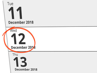 Date Wednesday 12 December 2018 circled in red on a calendar