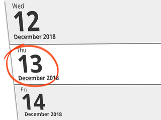 Date Thursday 13 December 2018 circled in red on a calendar