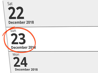 Date Sunday 23 December 2018 circled in red on a calendar
