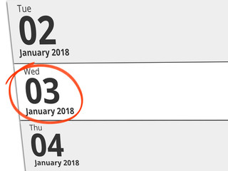 Date Wednesday 03 January 2018 circled in red on a calendar